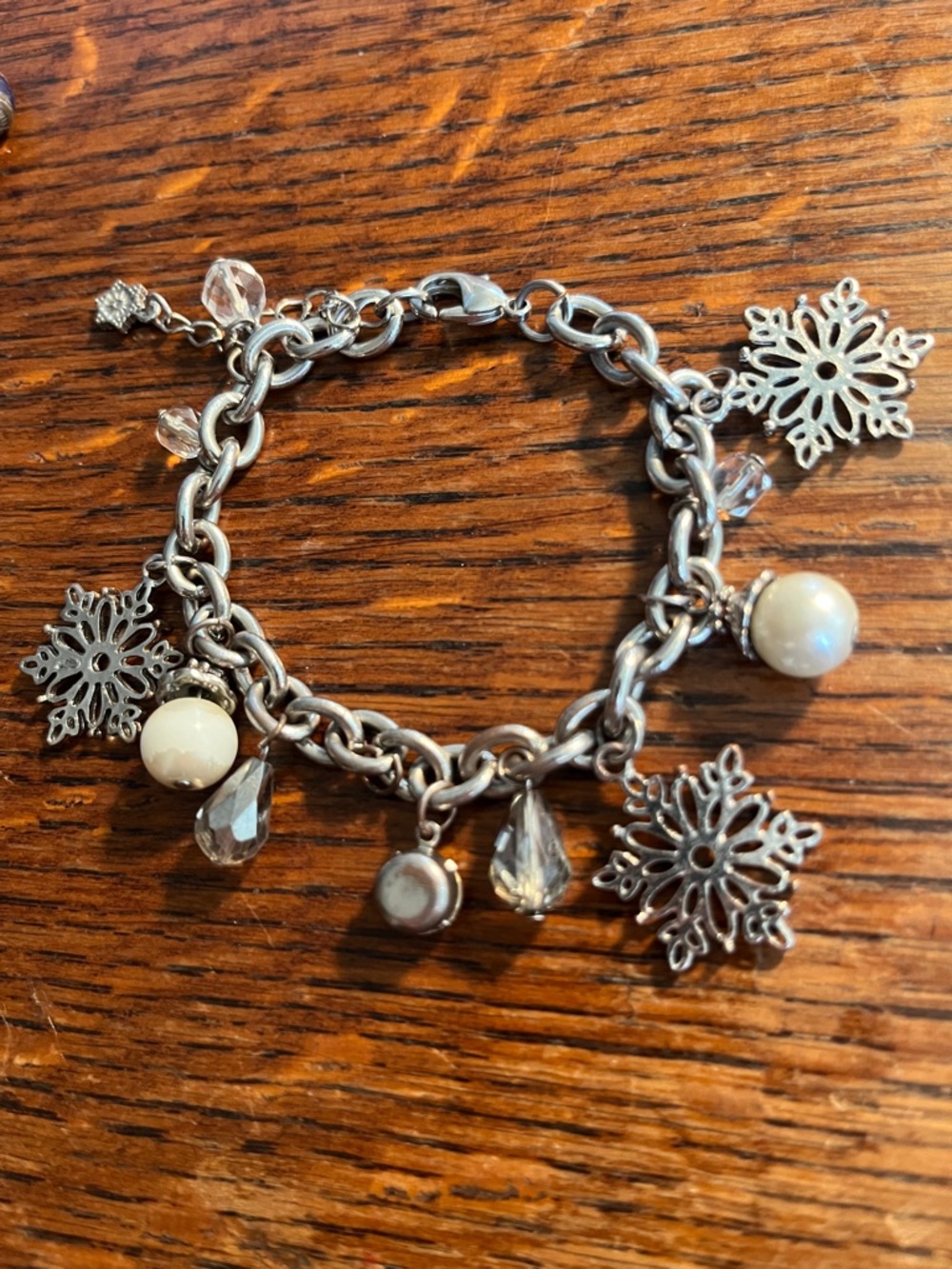 Silver Snowflake Charm Bracelet with Pearls and Crystal Drops